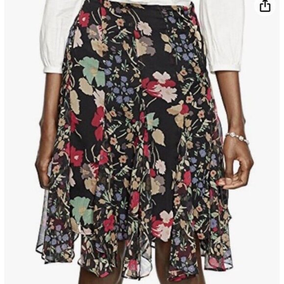 Lauren Ralph Lauren Ruffled Floral Georgette Skirt Size 12 Black Multi Floral - Picture 2 of 15
